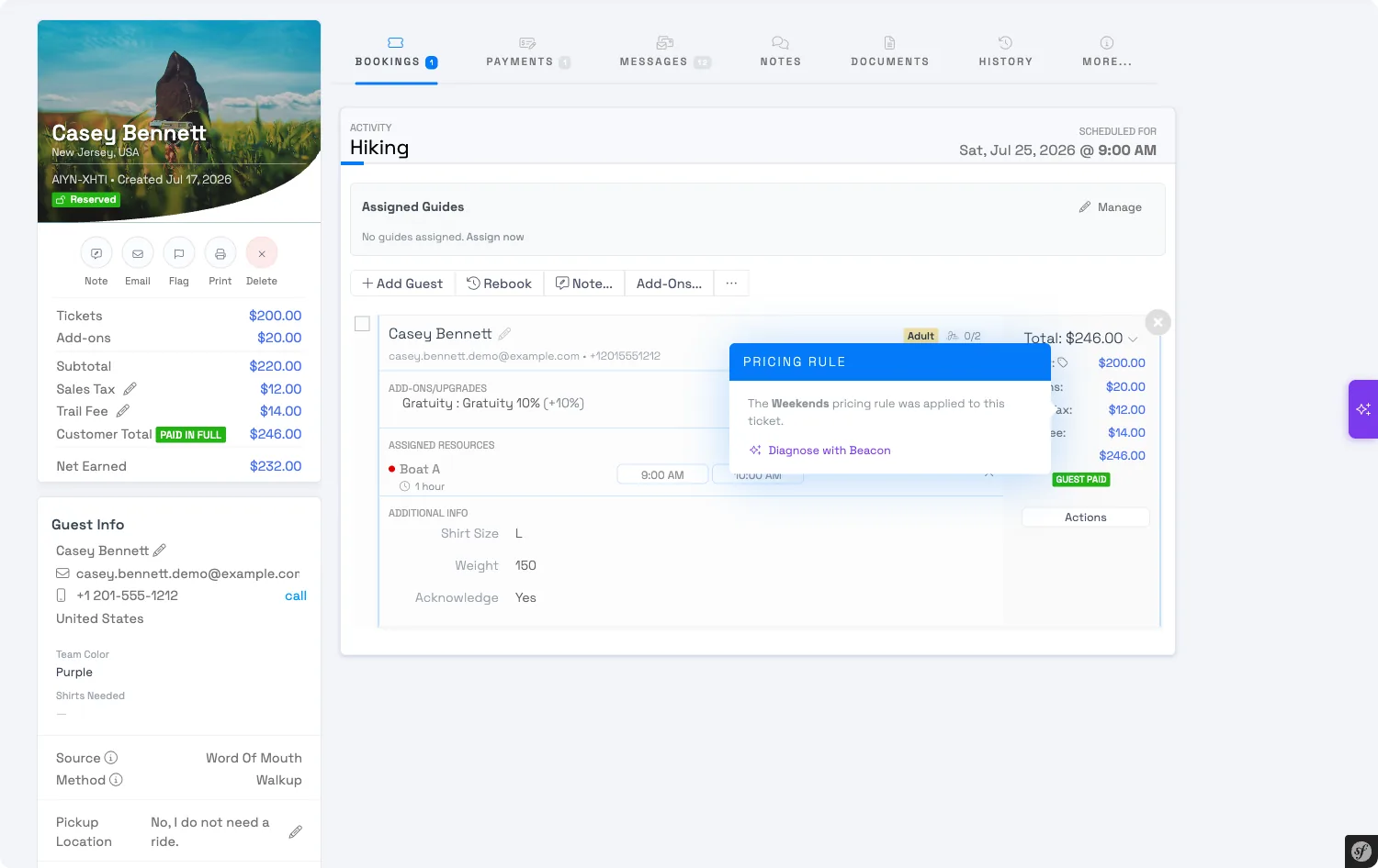 Pricing rule popover on a trip in TripWorks, naming the Weekends rate sheet that priced a ticket and offering Diagnose with Beacon