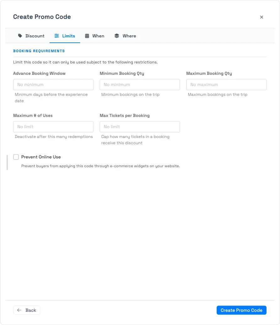 Promo code limits and usage rules in TripWorks — the Limits tab with usage caps, booking quantity, and Prevent Online Use