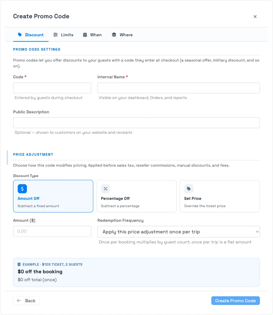Create a promo code in TripWorks — the Discount tab with code, discount type cards, and a live discount example