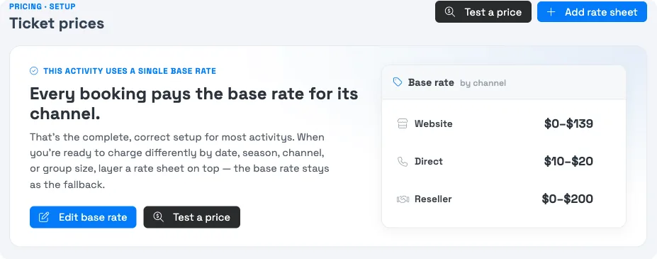 An activity's Ticket Prices tab showing the base rate by channel with an Edit base rate control