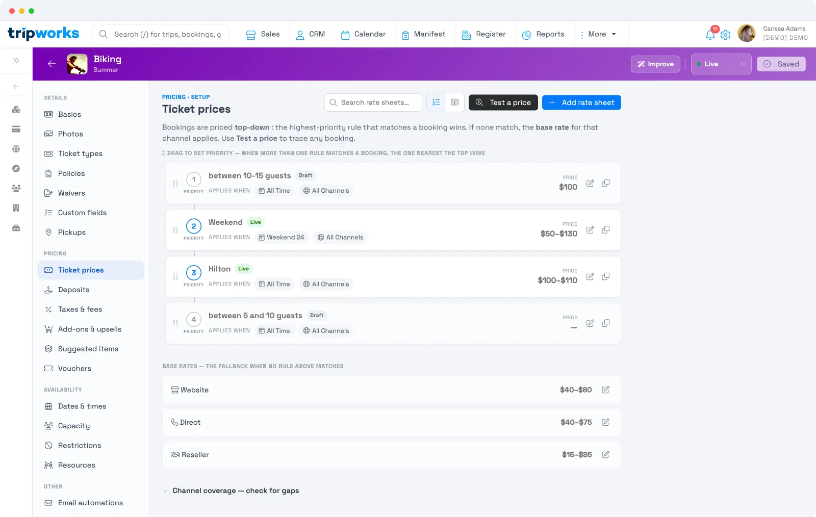 A prioritized list of rate sheets on the Ticket prices tab in TripWorks, each showing when it applies and its price, above the per-channel base rates