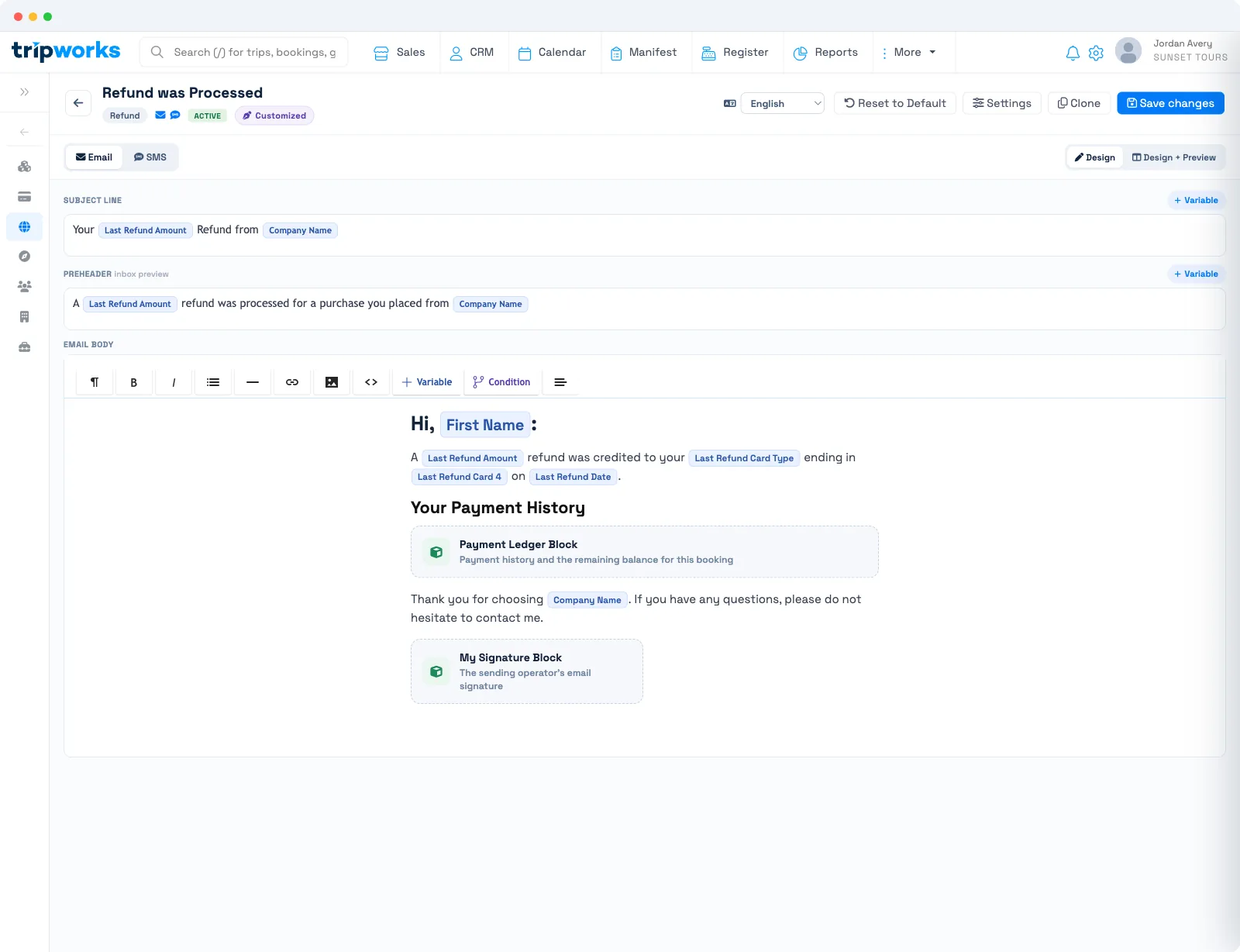 The Refund message template in the Studio, with refund amount, card, and date variables and a payment history block