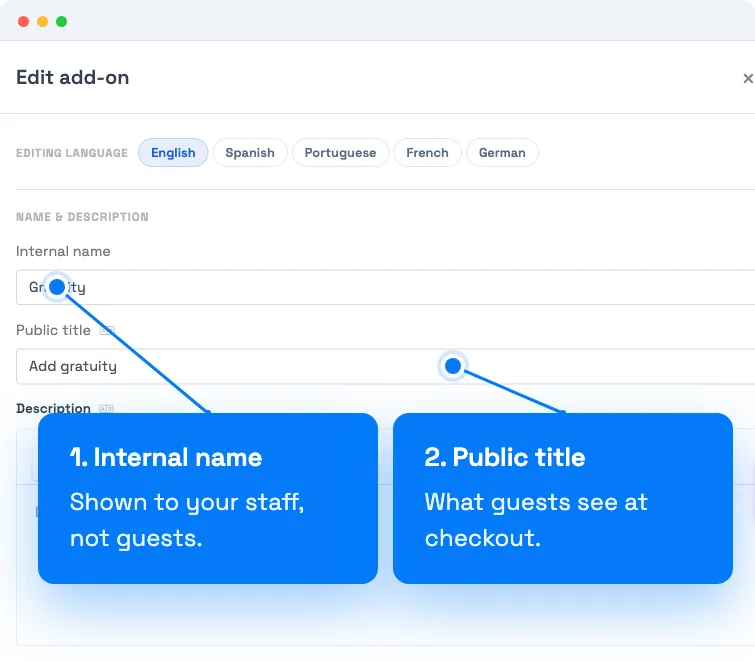 Edit add-on panel with (1) Internal name field set to Gratuity and (2) Public title field set to Add gratuity