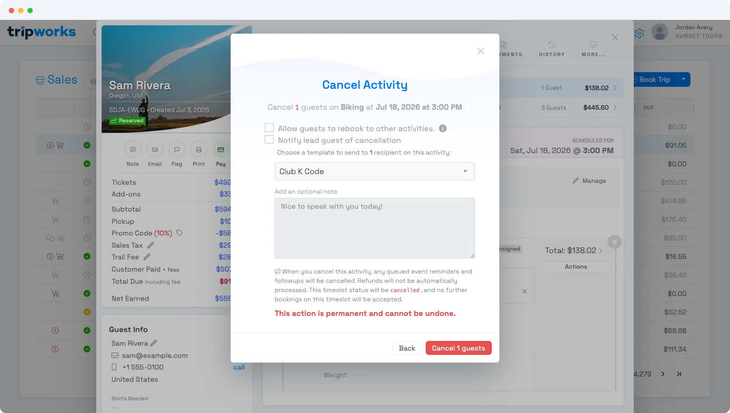 The Cancel Activity dialog with options to allow rebooking to other activities and to notify the lead guest with a message template and optional note