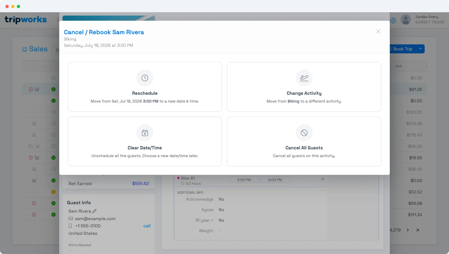 The Cancel / Rebook window showing four options: Reschedule, Change Activity, Clear Date/Time, and Cancel All Guests