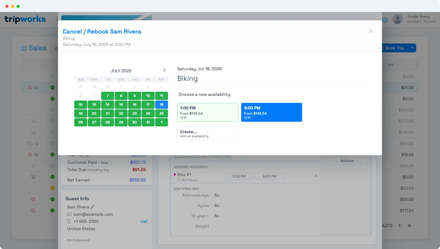 The reschedule view: a calendar of available days on the left and the chosen day's time slots with remaining capacity on the right, plus a Create option