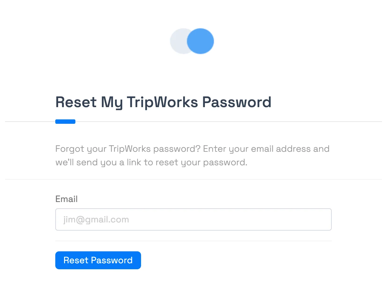 Reset your TripWorks password — the password reset form where you enter your account email to get a reset link