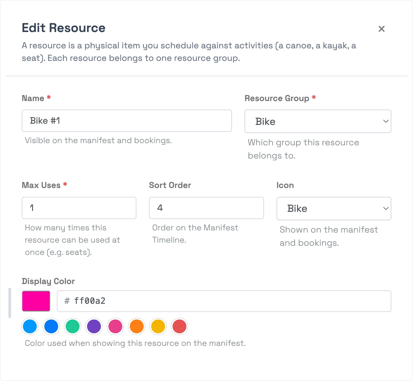 Resources in TripWorks — the resource editor with group, Max Uses, icon, and color for scheduling equipment against activities