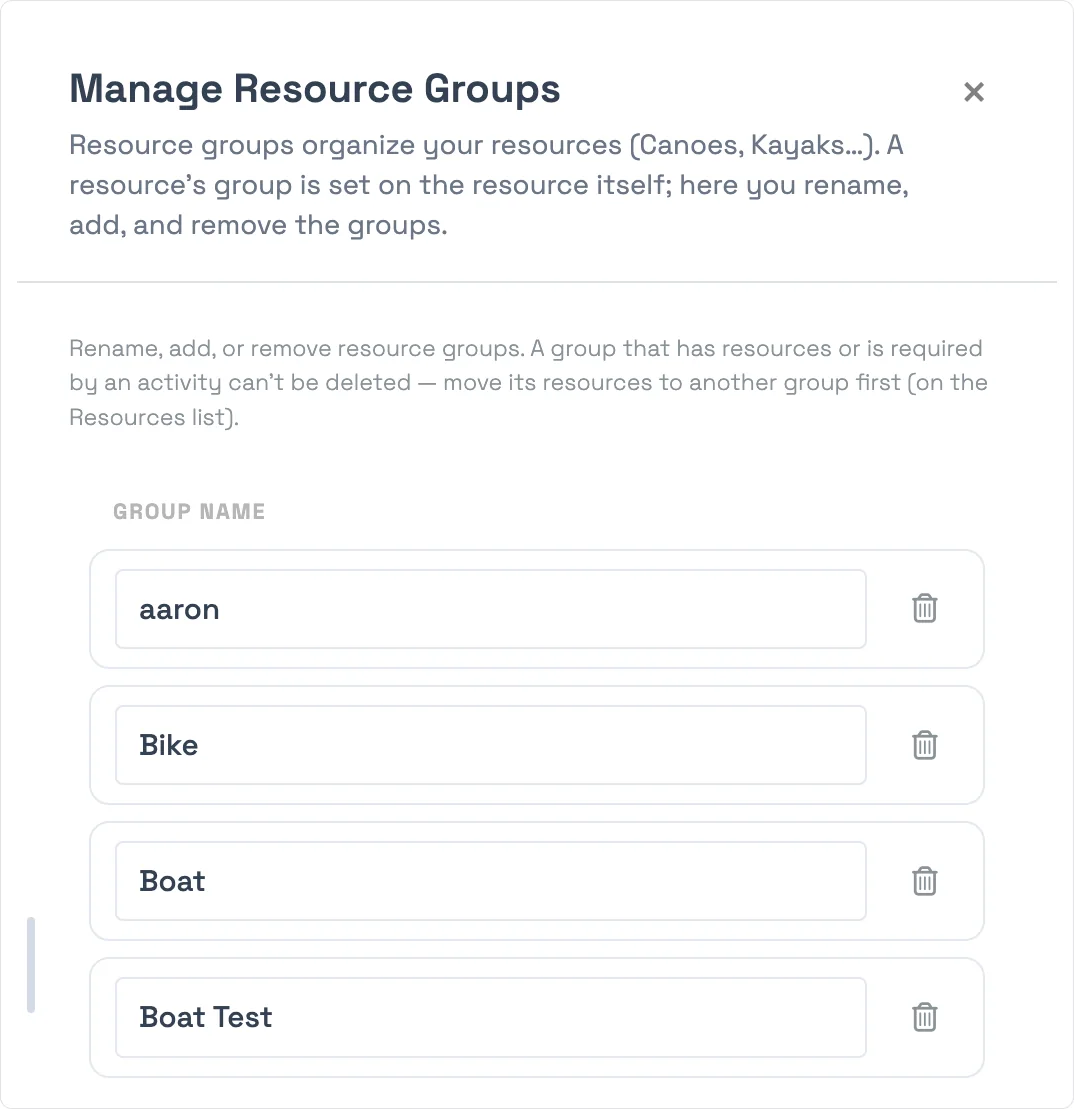 Resource groups in TripWorks — the Manage Resource Groups drawer for renaming and organizing resource groups