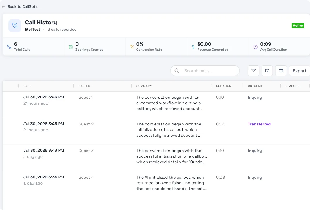 The callbot Call History dashboard with metric cards for Total Calls, Bookings Created, Conversion Rate, Revenue Generated, and Avg Call Duration, above a searchable, filterable table of calls with caller, summary, duration, and outcome, including one call tagged Transferred