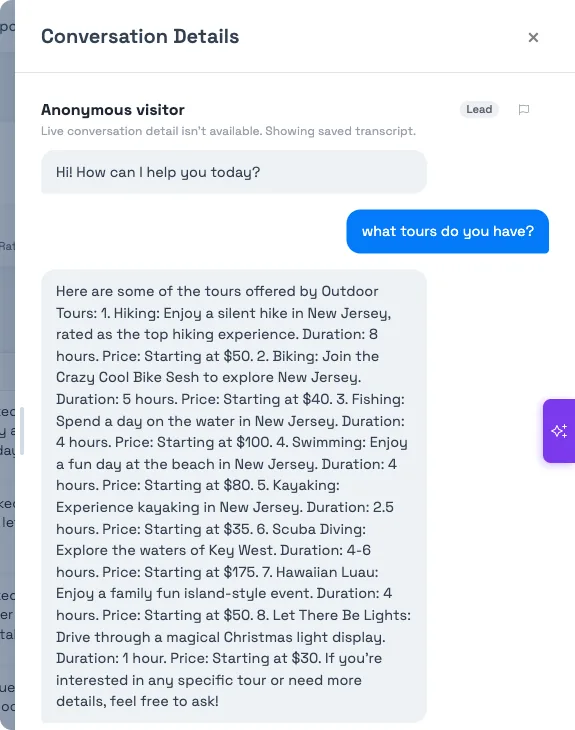 The Conversation Details drawer showing the visitor label, the Lead outcome pill, a flag button, and the full message transcript between the visitor and the chatbot
