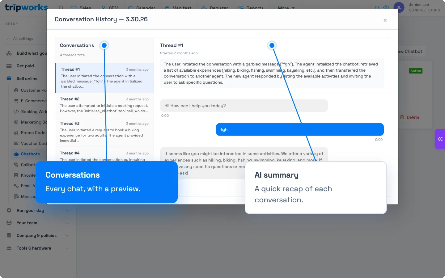 The chatbot Conversation History window with a list of threads on the left, each with an AI summary preview, and the selected conversation's transcript on the right