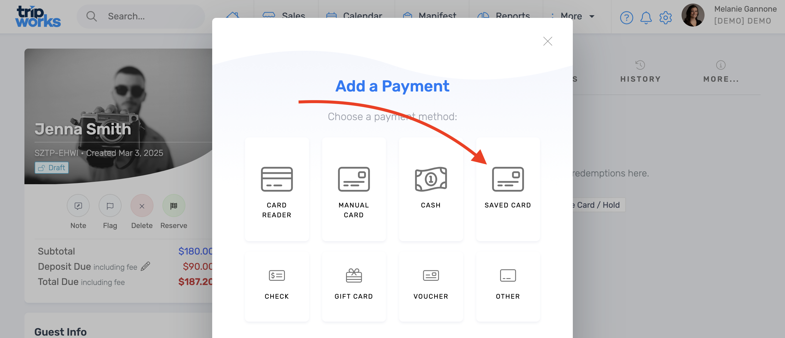 The payment step with Saved Card selected instead of manual card entry
