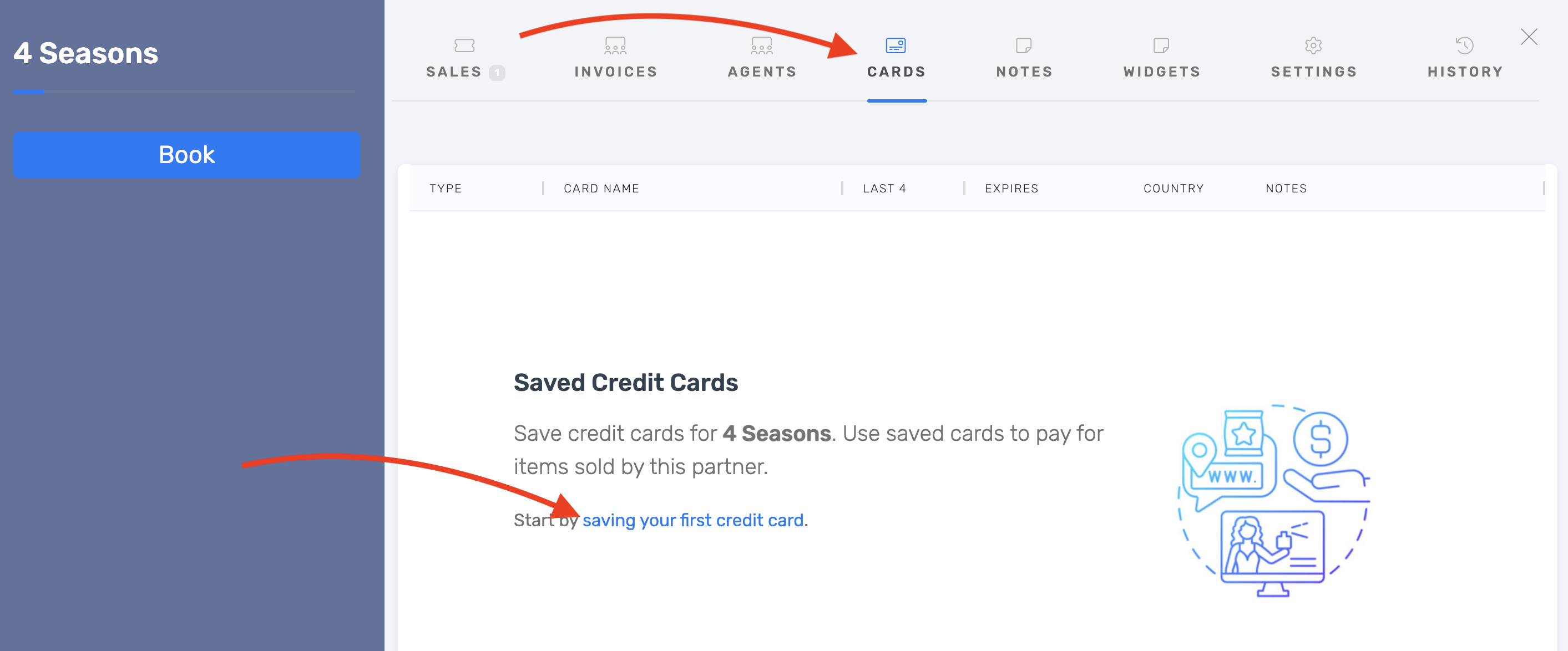 A reseller's Cards tab with the Save first credit card option