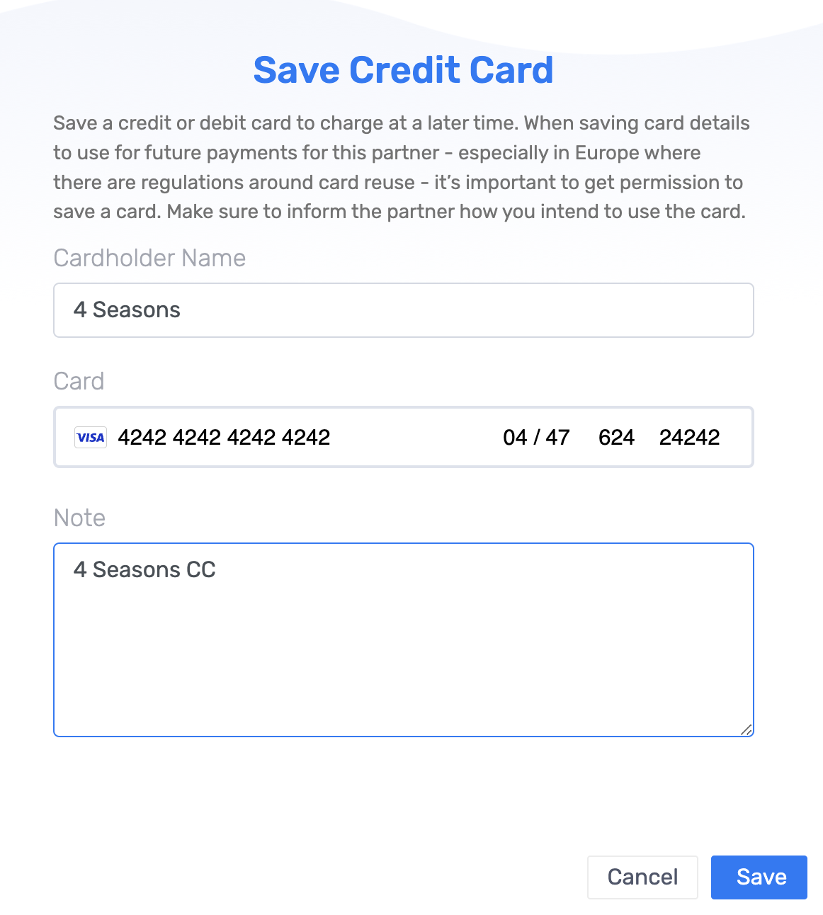 The reseller card form with card details and an optional note field
