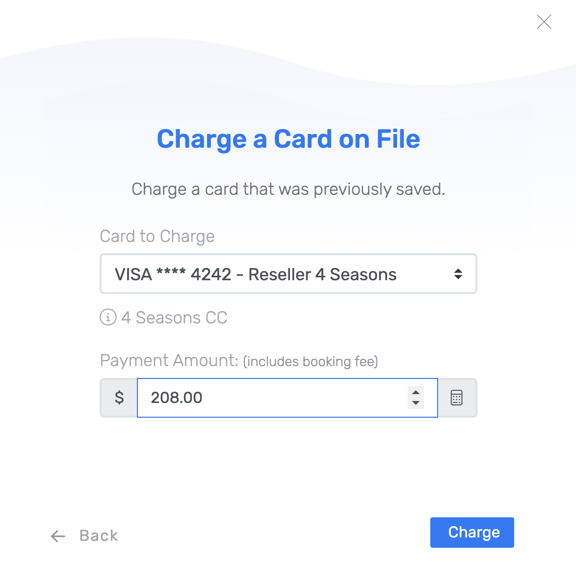 Selecting the stored reseller credit card and choosing Charge