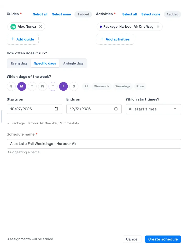TripWorks recurring schedule panel with a guide and an activity chosen, Monday and Friday selected, a date range and a schedule name