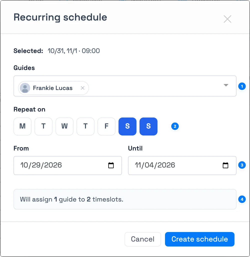 TripWorks Recurring schedule window with a guide, the Saturday and Sunday day buttons, a date range and the count of timeslots it will assign