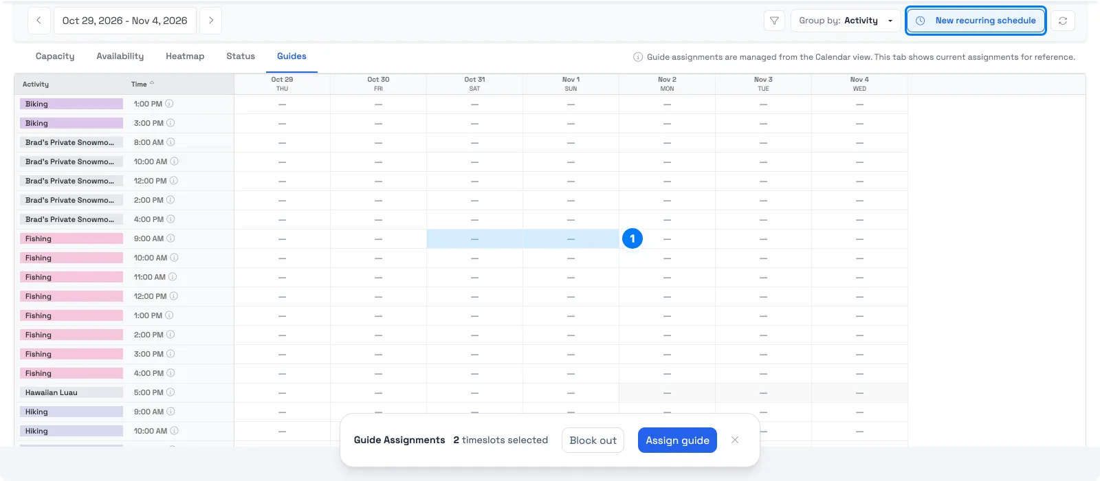 Set a recurring guide schedule in TripWorks: select the departures in the Guides grid, then choose New recurring schedule