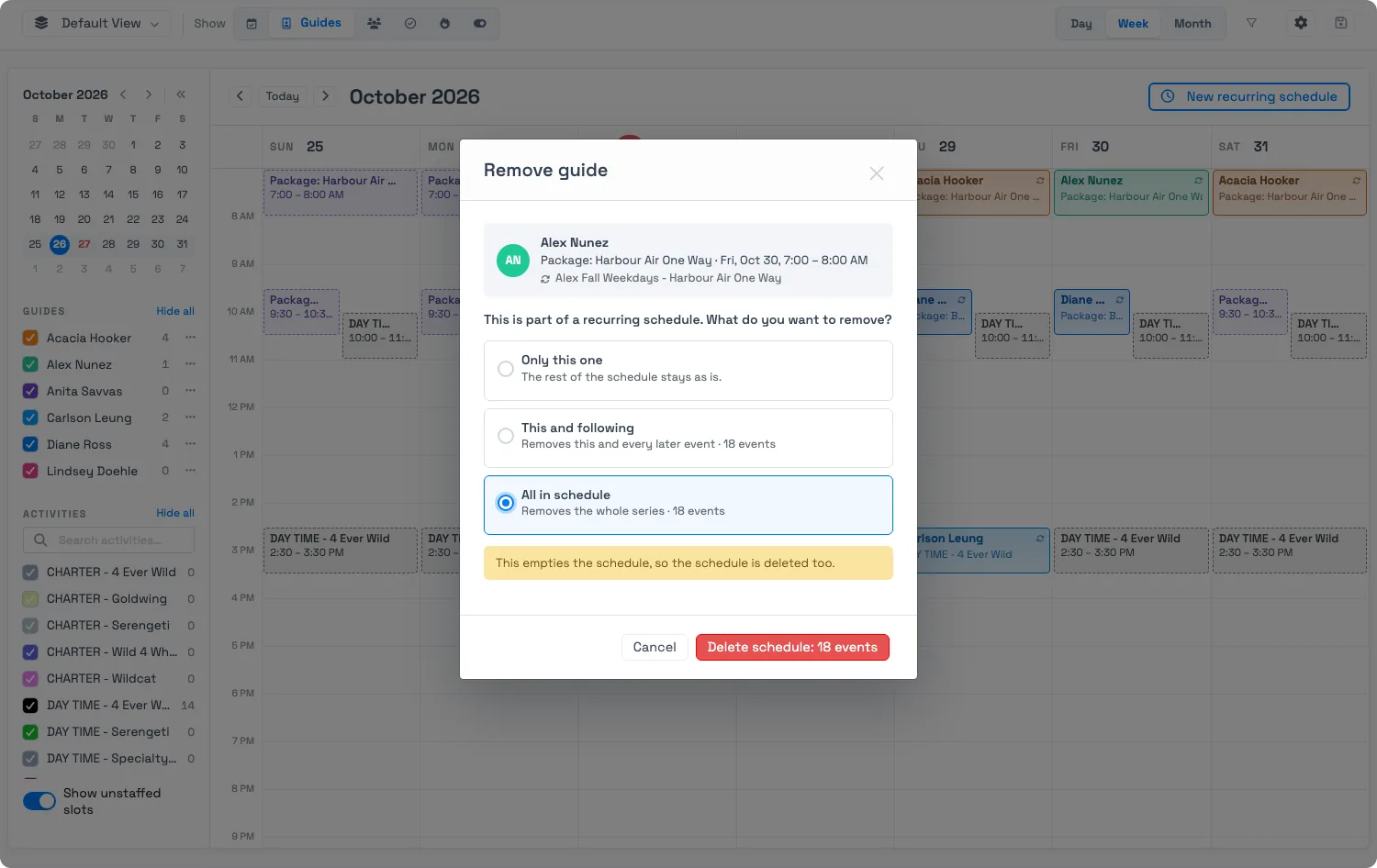 TripWorks Remove guide window asking whether to remove only this one, this and following, or all in the recurring schedule