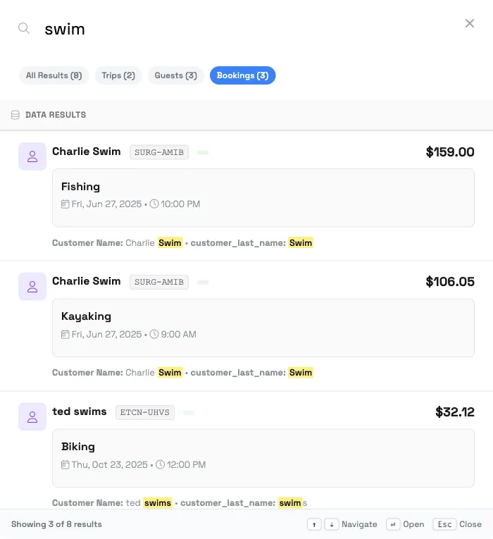 TripWorks global search open with a query, filtered to the Bookings category pill, showing three matching booking result cards and keyboard-navigation hints at the bottom