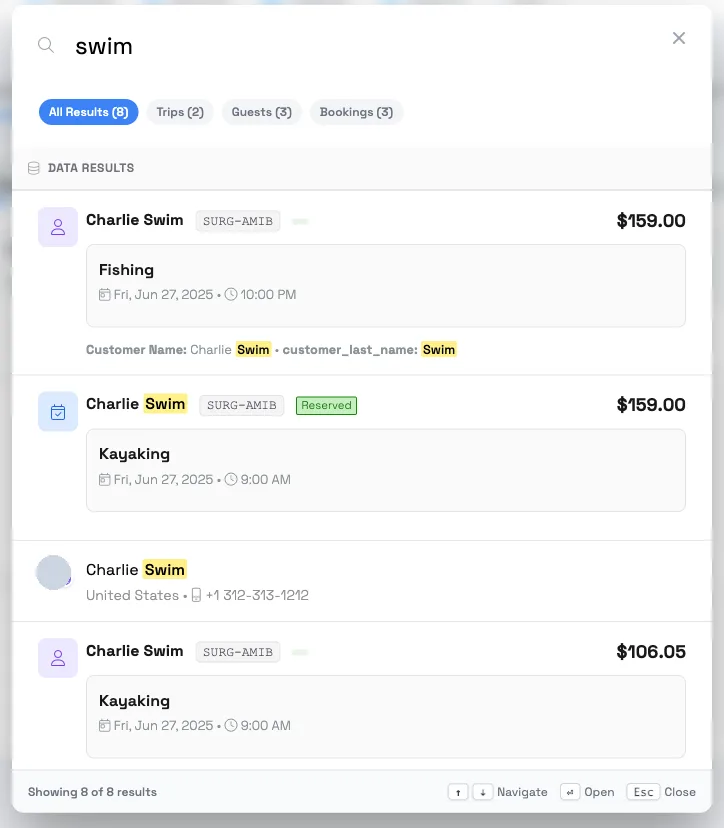 TripWorks global search open with a query, showing category pills (All Results, Trips, Guests, Bookings) and result rows, with keyboard-navigation hints at the bottom