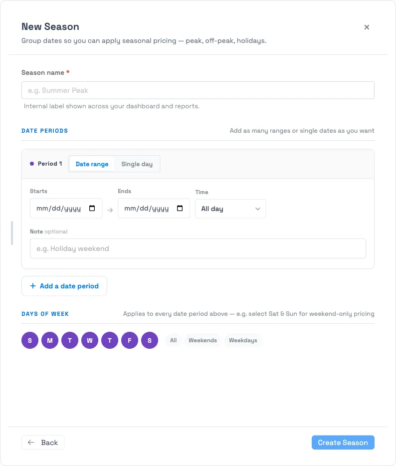 Seasonal pricing in TripWorks — the New Season form with date periods and day-of-week selection