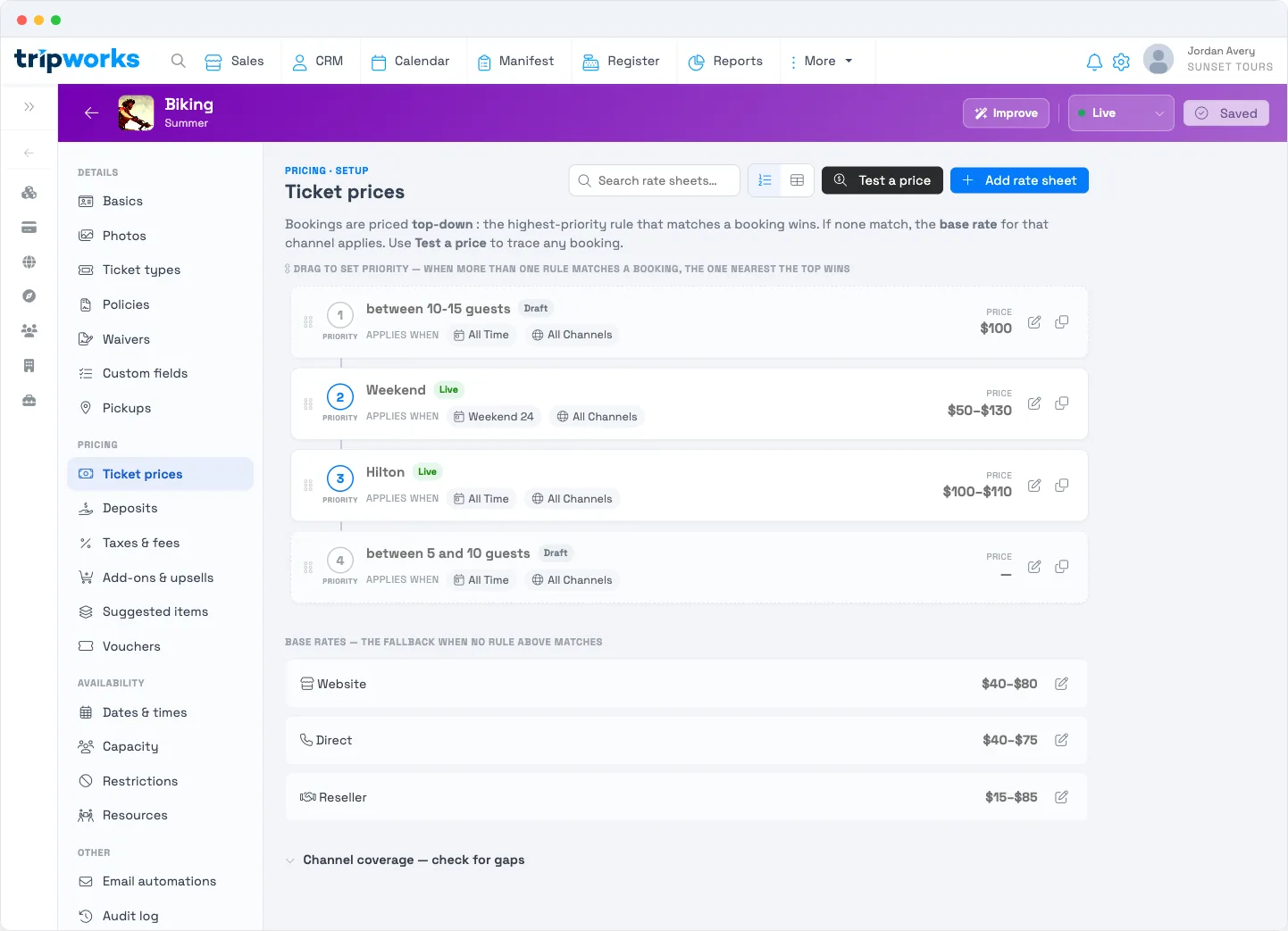 Seasonal pricing in TripWorks — the Ticket Prices tab with rate sheets stacked in a priority ladder above base rates