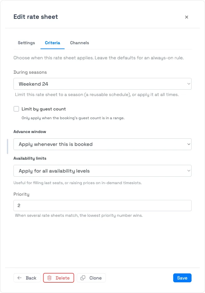 Seasonal pricing in TripWorks — a rate sheet's Criteria tab scoped to a season