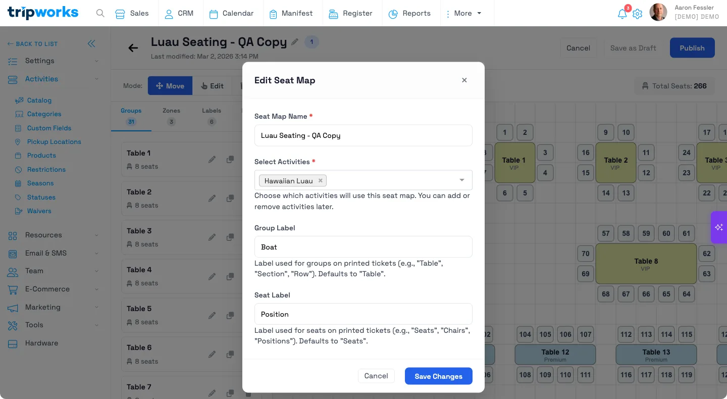 Edit Seat Map dialog with the activity selector, Group Label, and Seat Label fields Edit Seat Map dialog with the activity selector, Group Label, and Seat Label fields