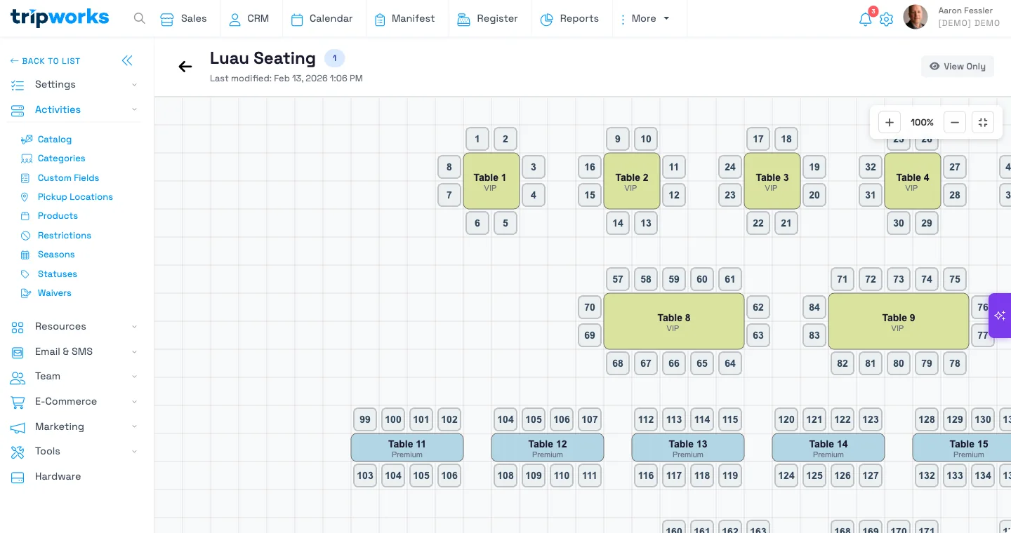 Seat map builder showing a published table layout with VIP and Premium zones Seat map builder showing a published table layout with VIP and Premium zones