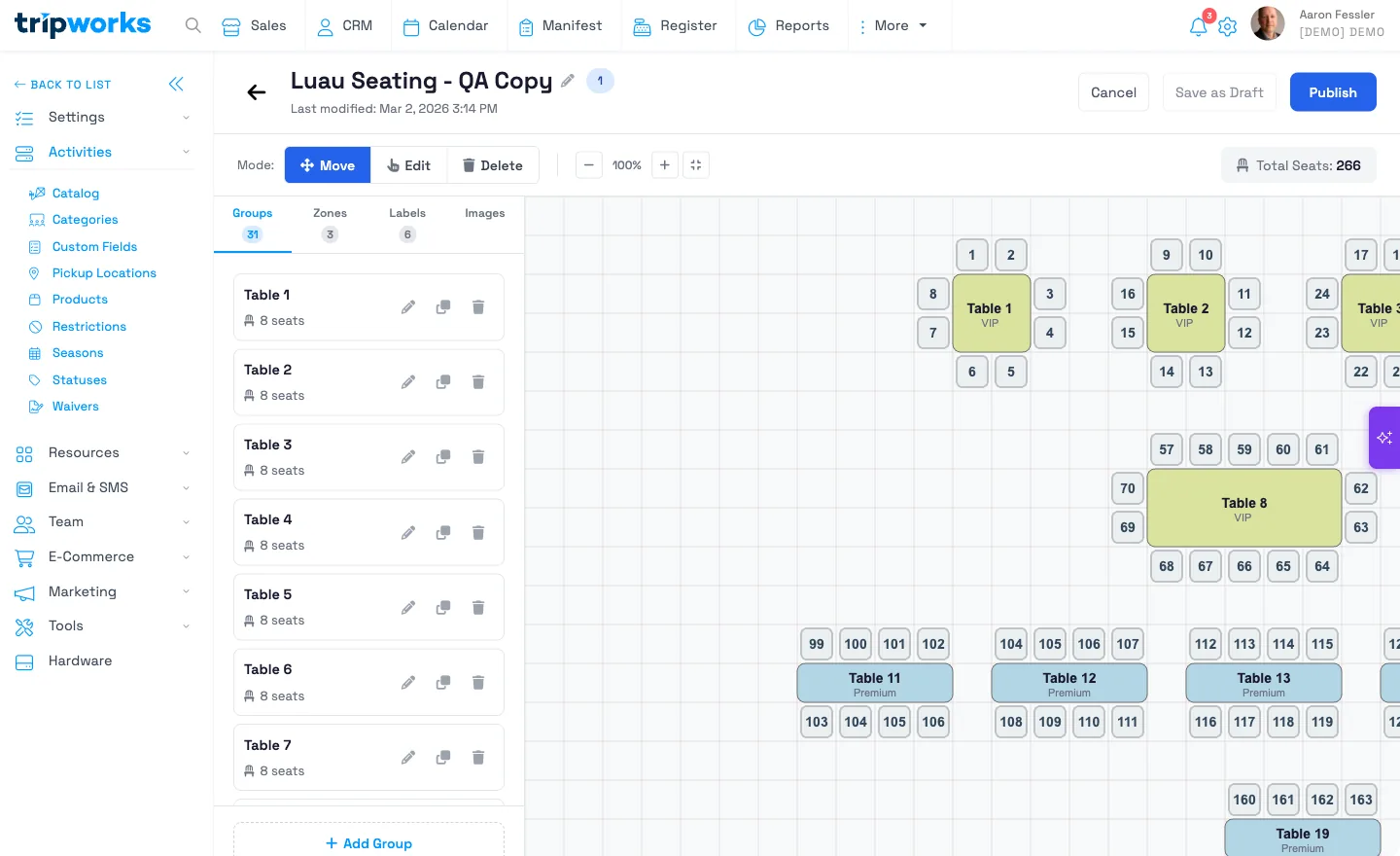 Seat map builder Groups tab listing tables with an Add Group button Seat map builder Groups tab listing tables with an Add Group button