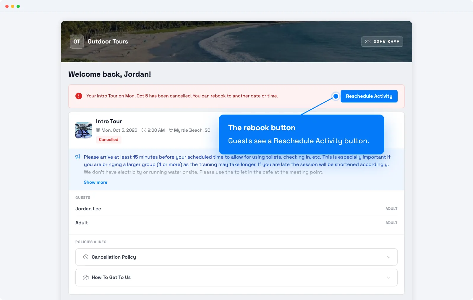 Reschedule a cancelled booking from the customer portal in TripWorks, showing the cancelled notice and the Reschedule Activity button