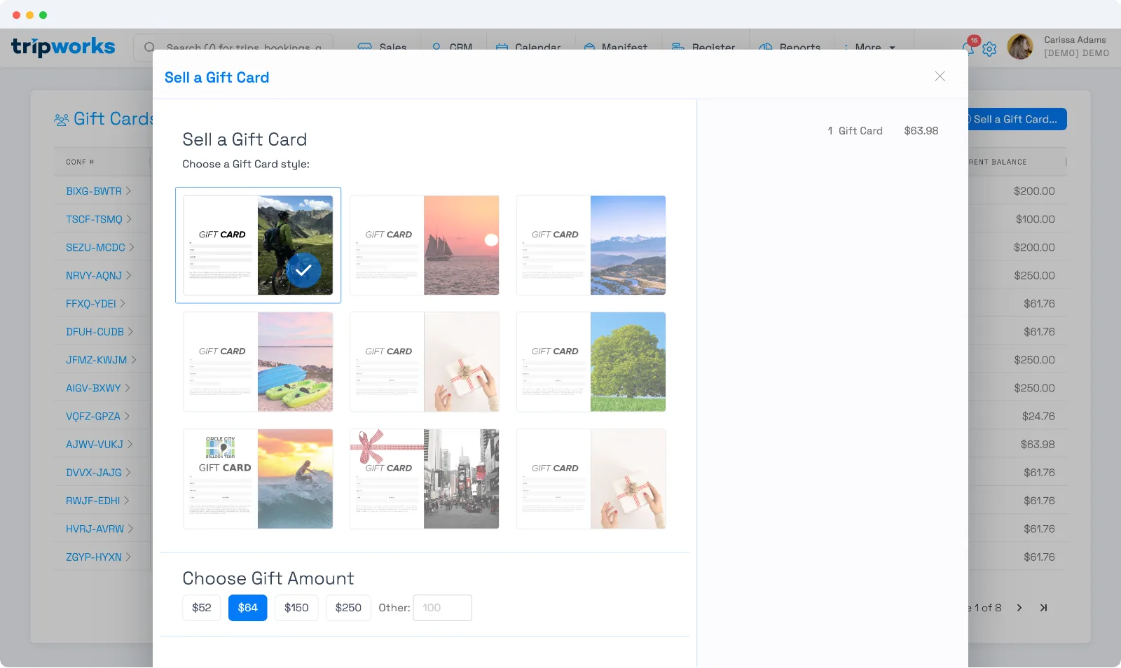 The gift card purchase flow in TripWorks — a grid of gift card designs to choose from and a Choose Gift Amount row with preset amounts and an Other field
