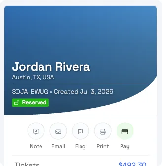 A booking's action row showing the Email and Print actions
