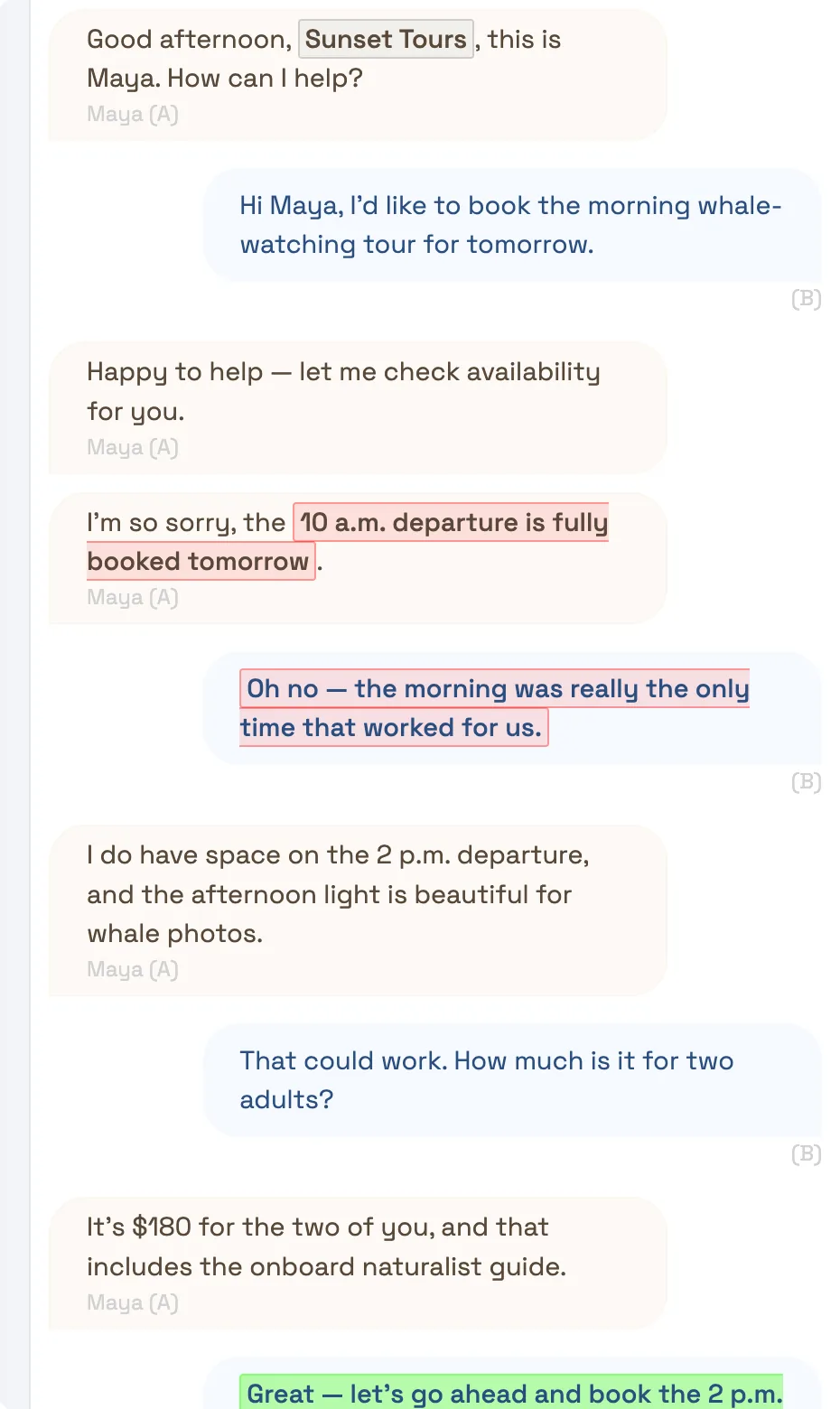 A call transcript in TripWorks with a frustrated moment highlighted in red and a booking moment highlighted in green