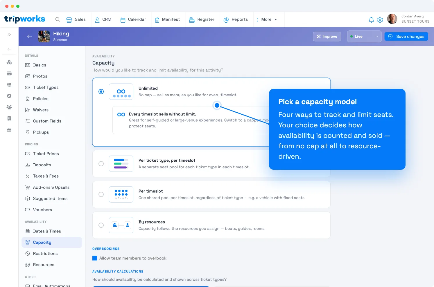 Set activity capacity limits in TripWorks — the Capacity tab showing the four capacity models: Unlimited, Per ticket type per timeslot, Per timeslot, and By resources