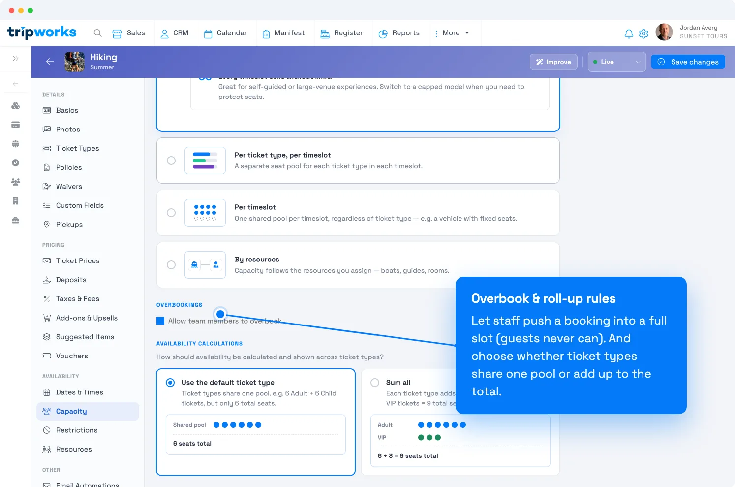 Set activity capacity limits in TripWorks — the Overbookings toggle and the Availability calculations options (share one pool vs. sum all ticket types)