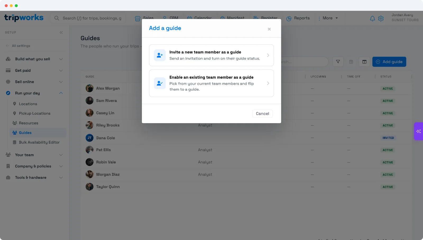 The Guides setup screen with the Add a guide dialog offering to invite a new team member or enable an existing one