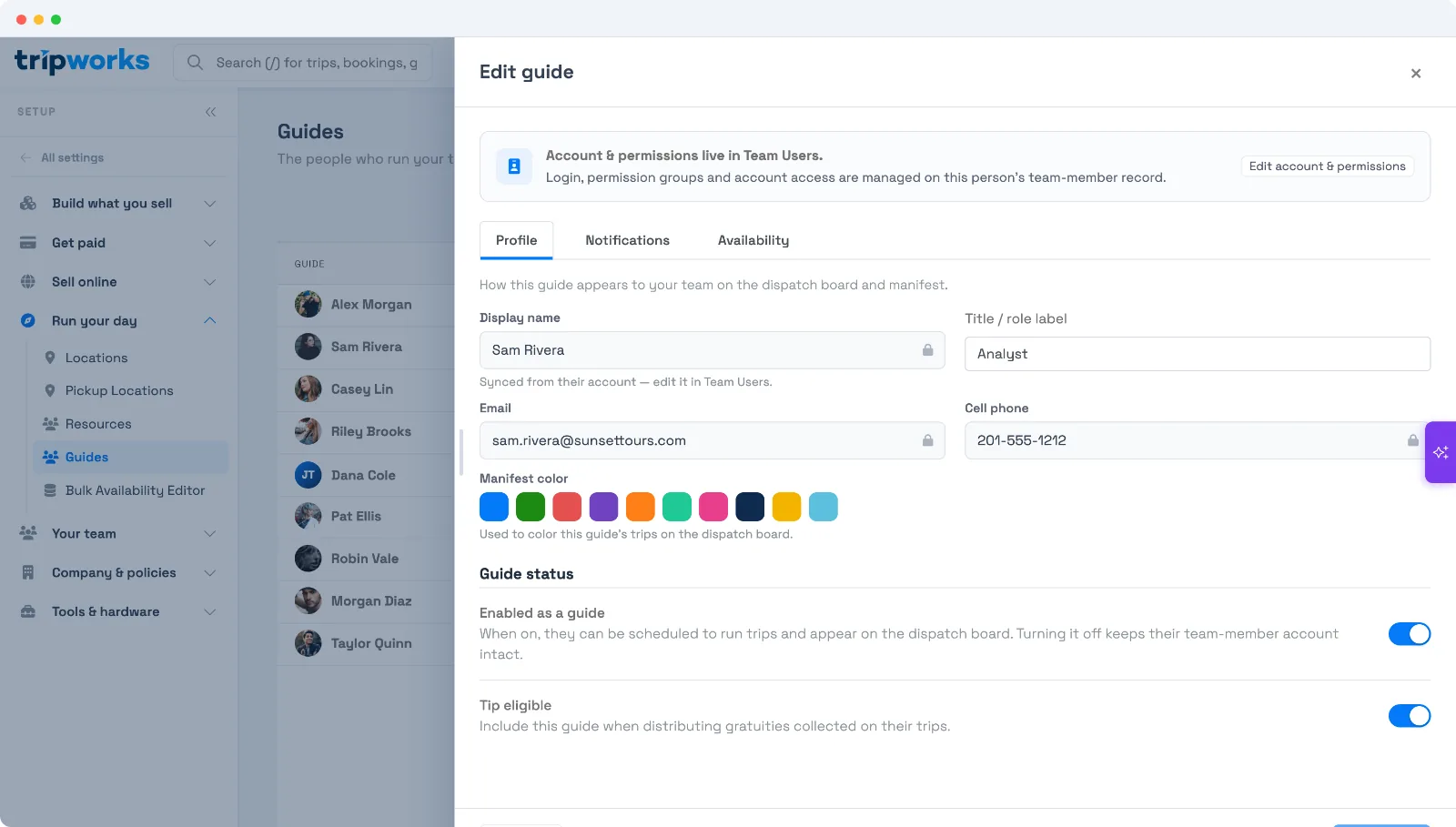 The guide profile tab showing display name, title, manifest color, enabled-as-guide toggle, and tip-eligible toggle