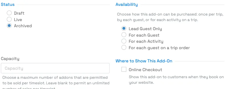 An add-on setup form showing the Availability options and a Capacity field