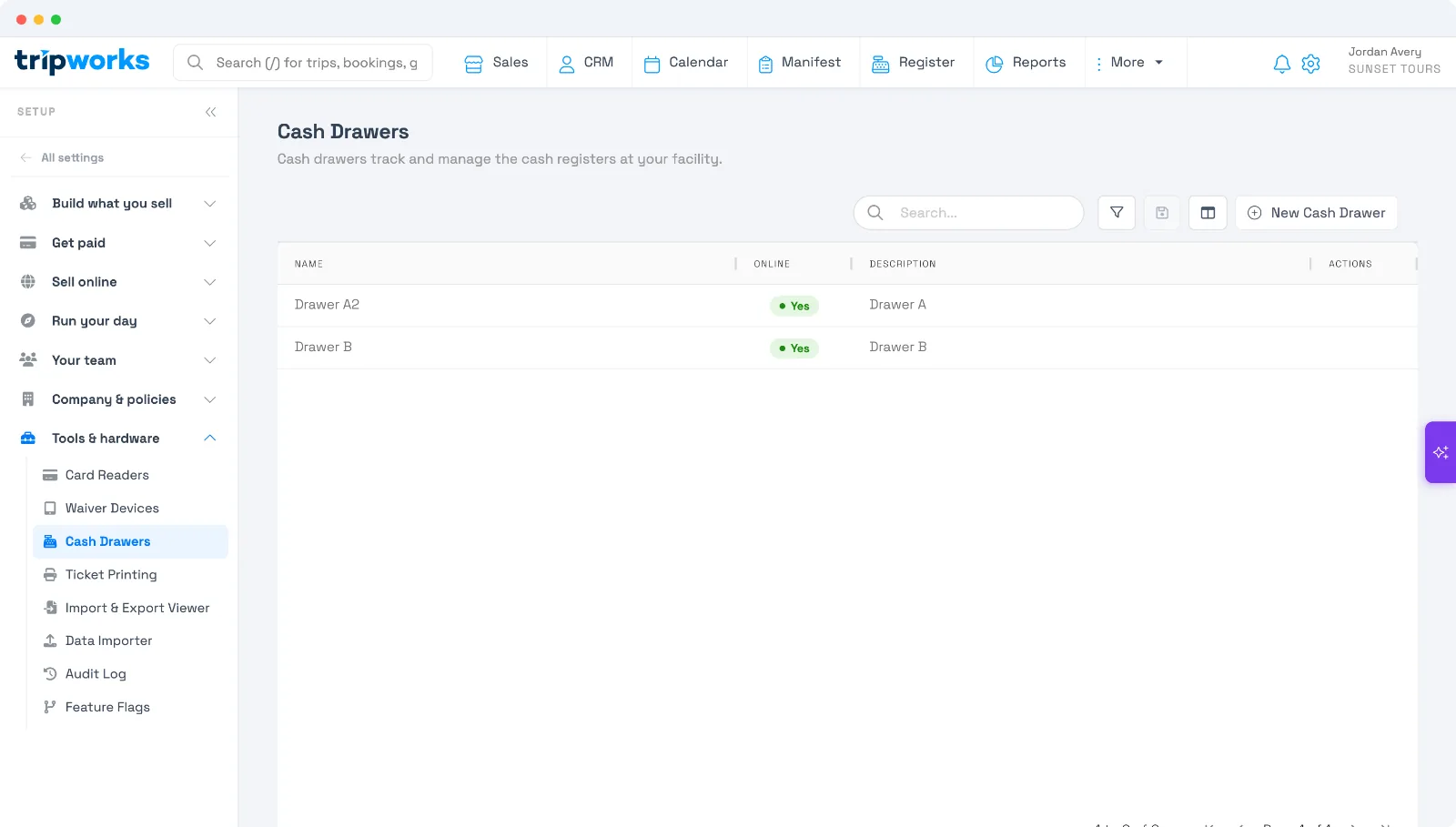 The Cash Drawers setup list in TripWorks showing named drawers with an Online status and description