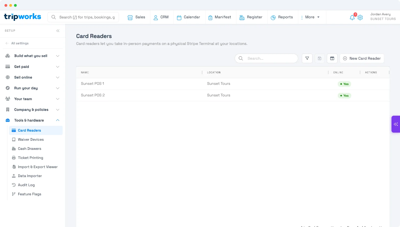The Card Readers list in TripWorks showing registered readers with their location and Online status