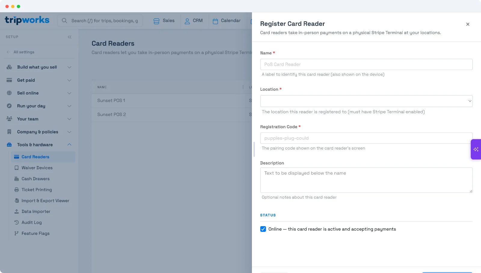 The Register Card Reader form in TripWorks with fields for Name, Location, Registration Code, Description, and an Online toggle
