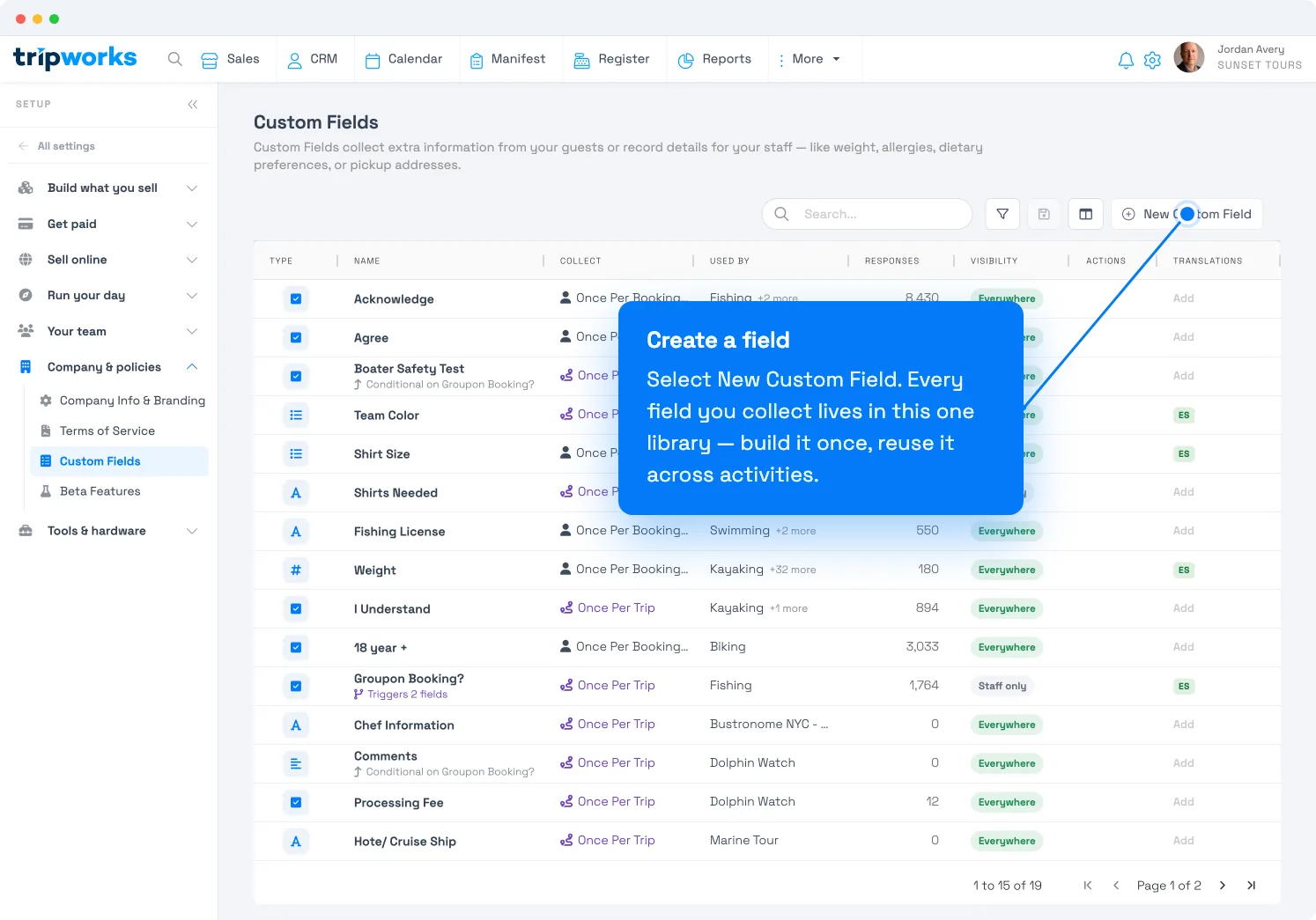 Set up custom fields in TripWorks — the Custom Fields library listing every field with its type, collection level, activities, responses, and visibility