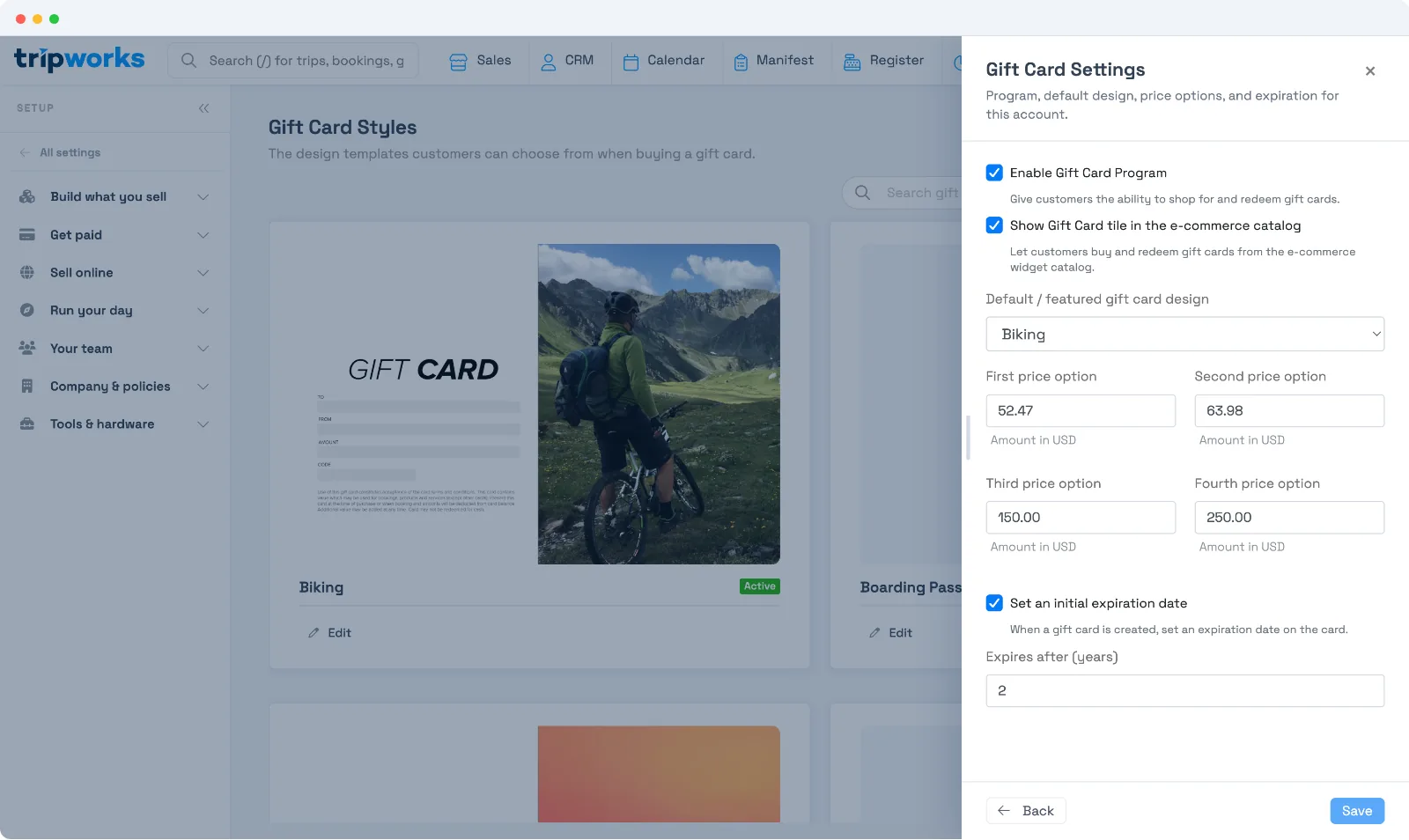 Gift Card Settings in TripWorks — toggles to enable the program and show the catalog tile, a default design picker, four price options, and an expiration setting