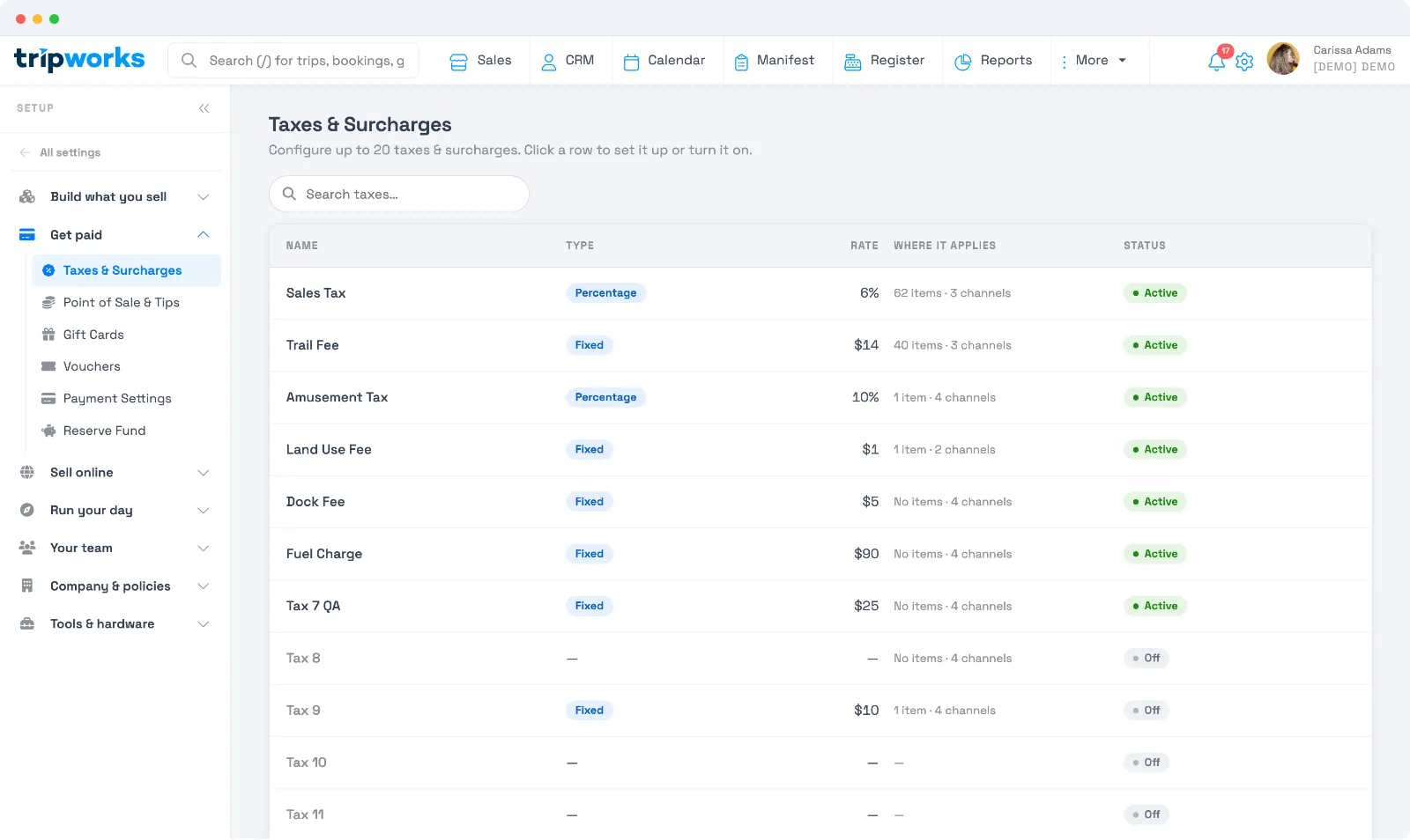 The Taxes & Surcharges setup screen in TripWorks, a list of taxes and surcharges showing each one's type (percentage or fixed), rate, where it applies, and status