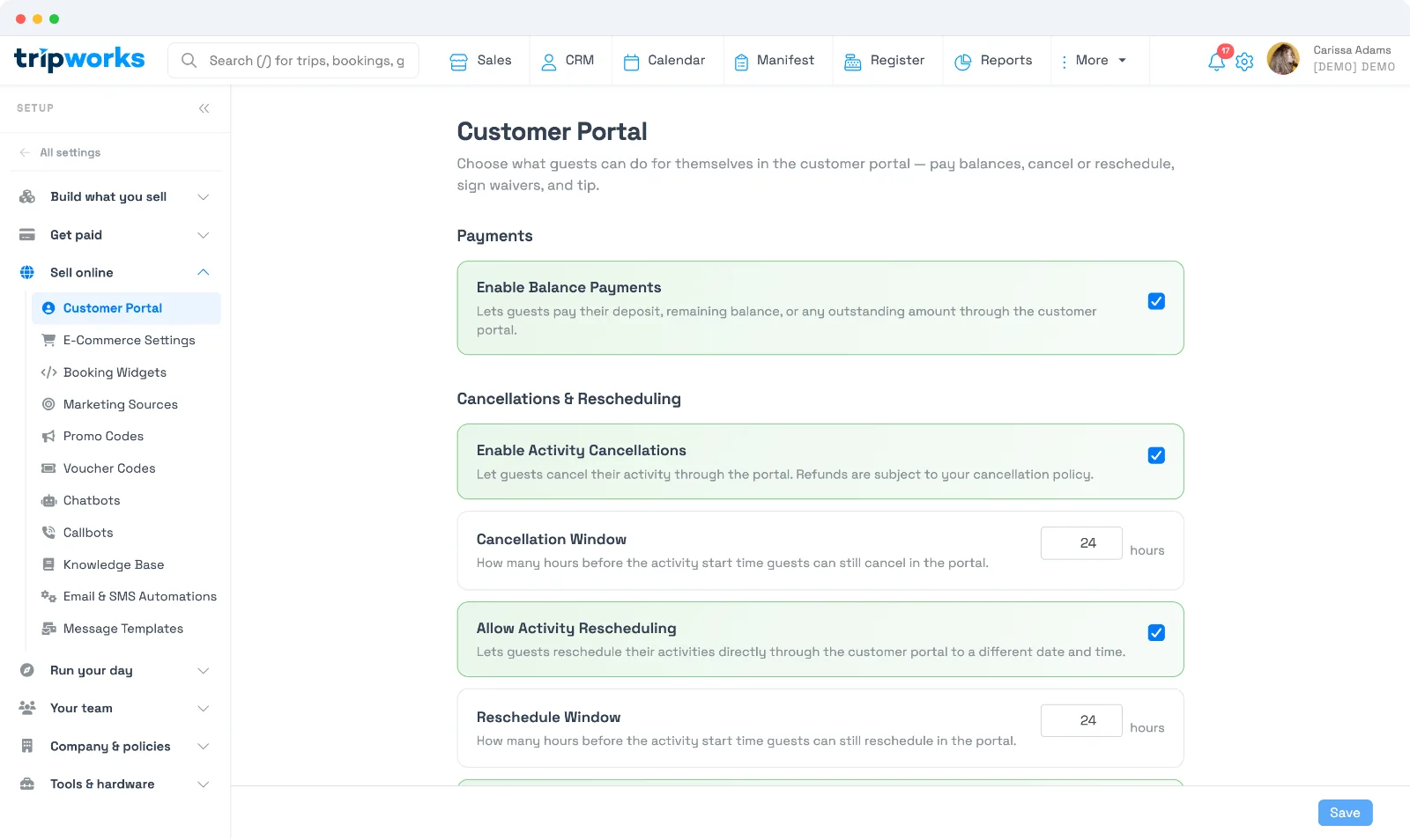 The Customer Portal settings in TripWorks, with toggles for Enable Balance Payments, Enable Activity Cancellations with a Cancellation Window, and Allow Activity Rescheduling with a Reschedule Window