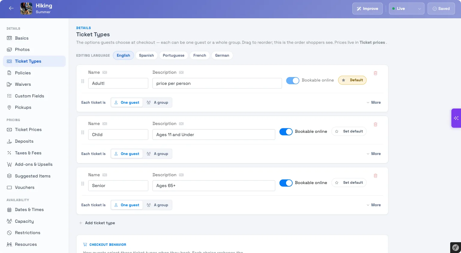 The Ticket types tab of the activity editor, with Adult, Child, and Senior ticket types — each with a name, description, a Bookable online toggle, and a One guest / A group choice