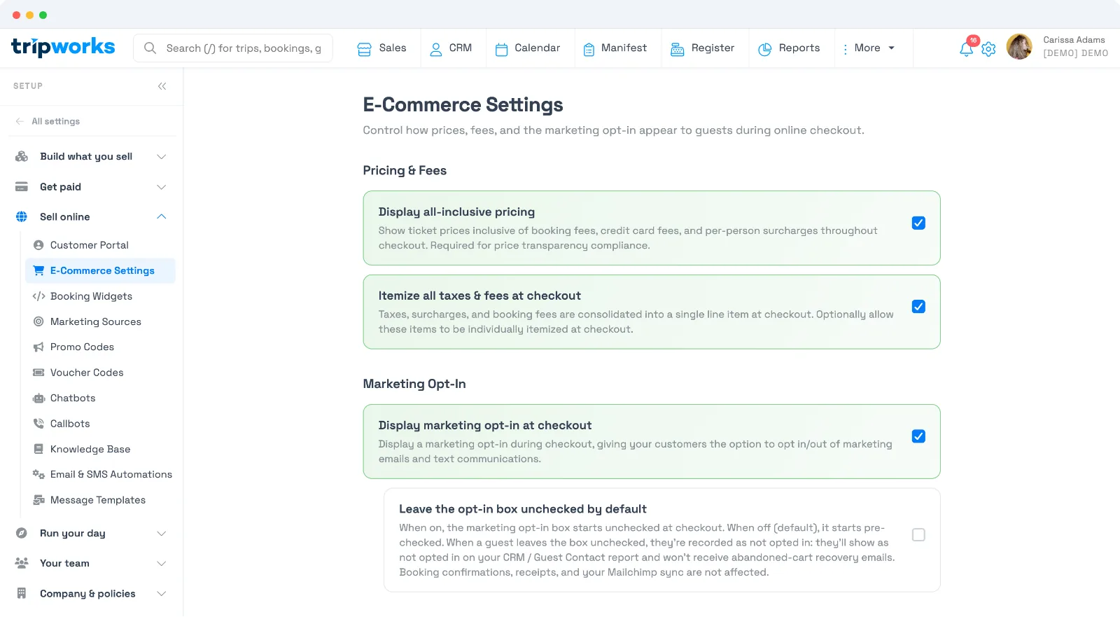 E-Commerce Settings in TripWorks with Pricing & Fees toggles (all-inclusive pricing, itemize taxes and fees) and Marketing Opt-In toggles